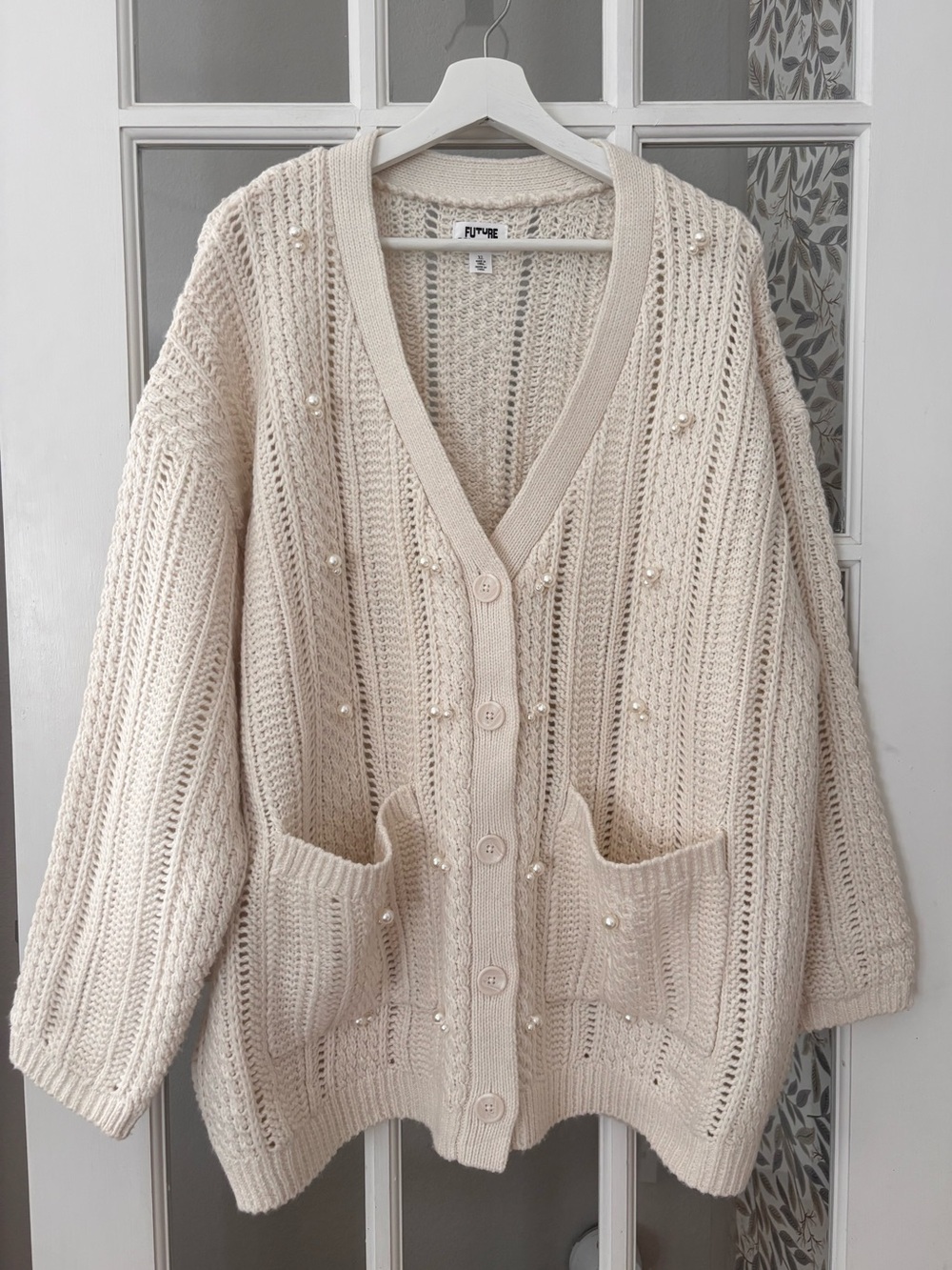 FUTURE COLLECTIVE Oversized Chunky Cardigan Sweater w/ Faux Pearl Accents Sz XXL
